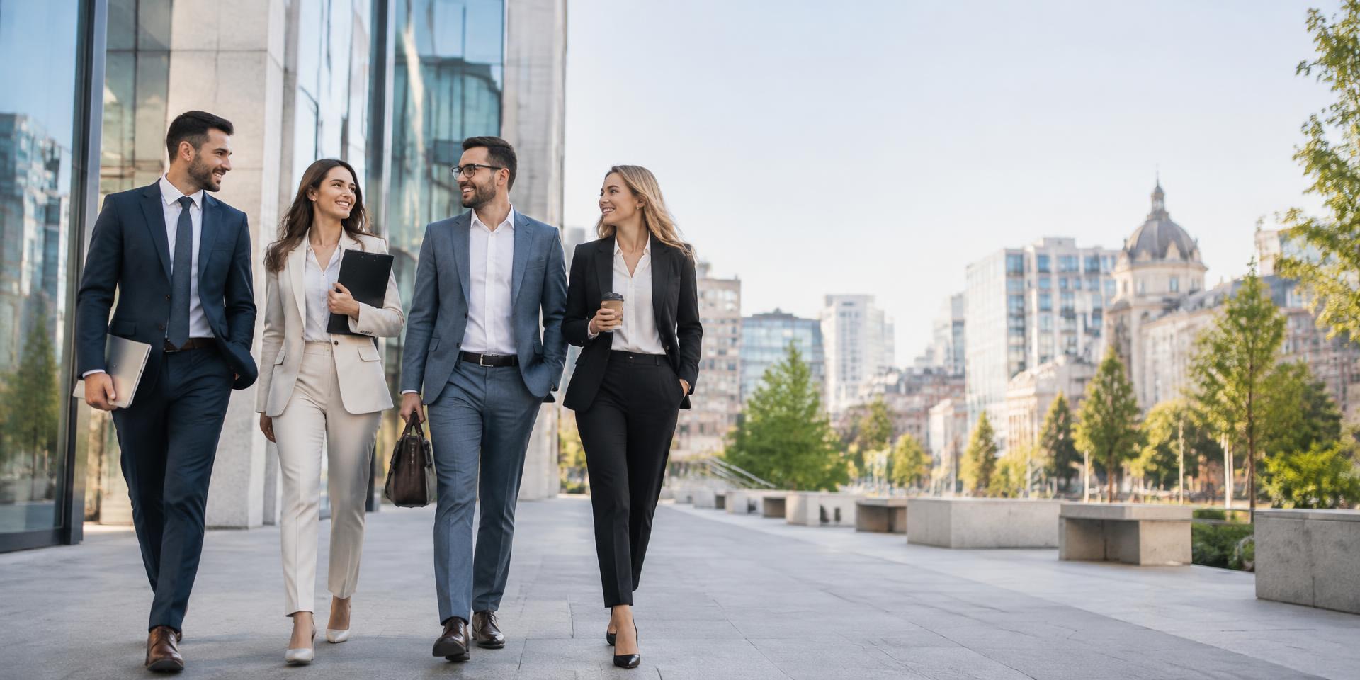 Professionals walking together in a modern Bucharest business district